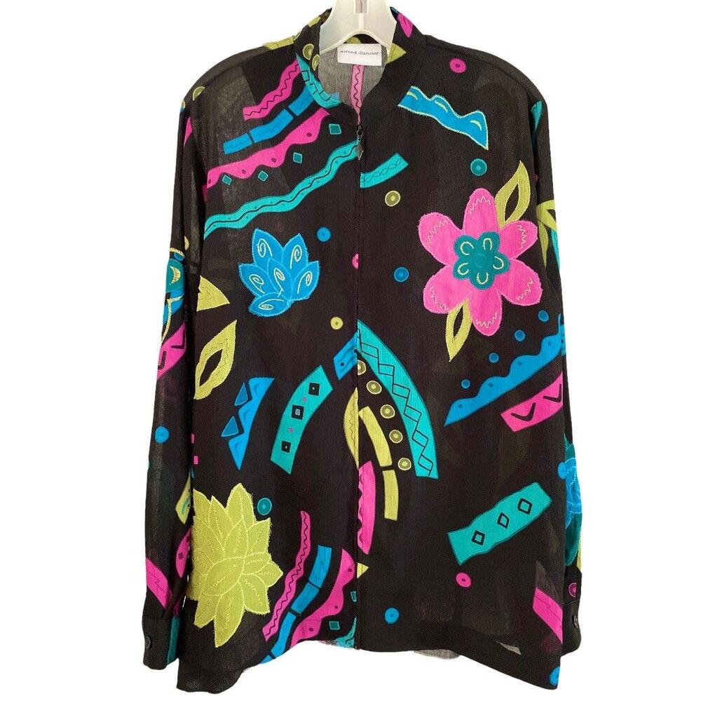 VINTAGE Lightweight Floral Print Full Zip Jacket Black Pink Blue sz 10